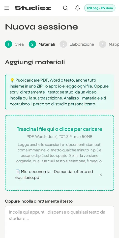 La schermata di Studiez con il file di Microeconomia appena caricato